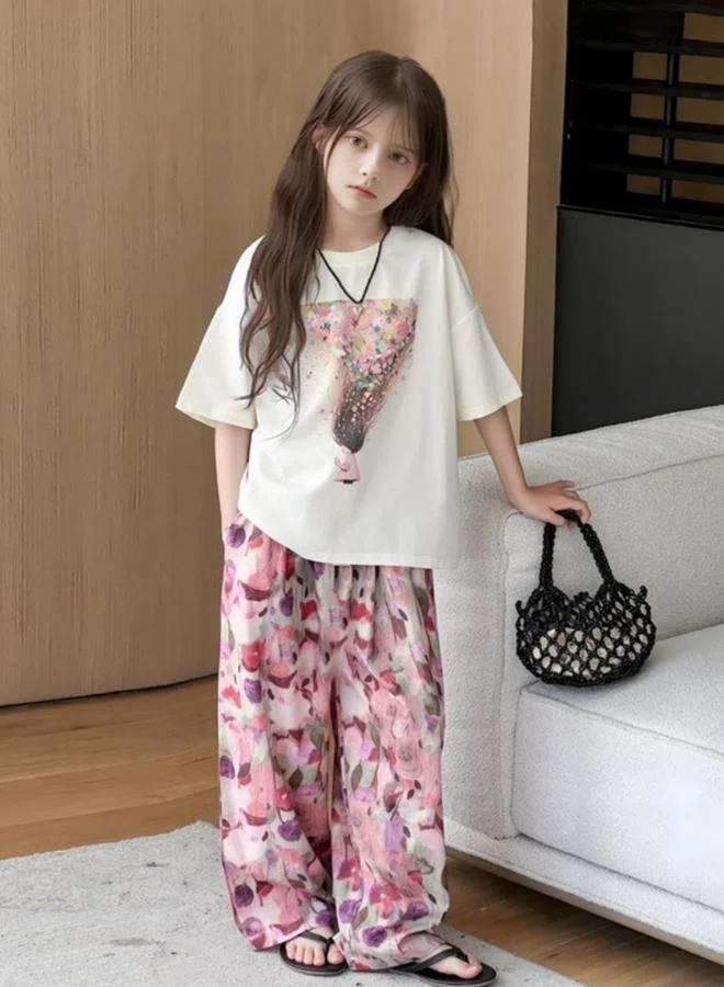 Take Two Girls Graphic Print T-Shirt and Wide Leg Pants Set